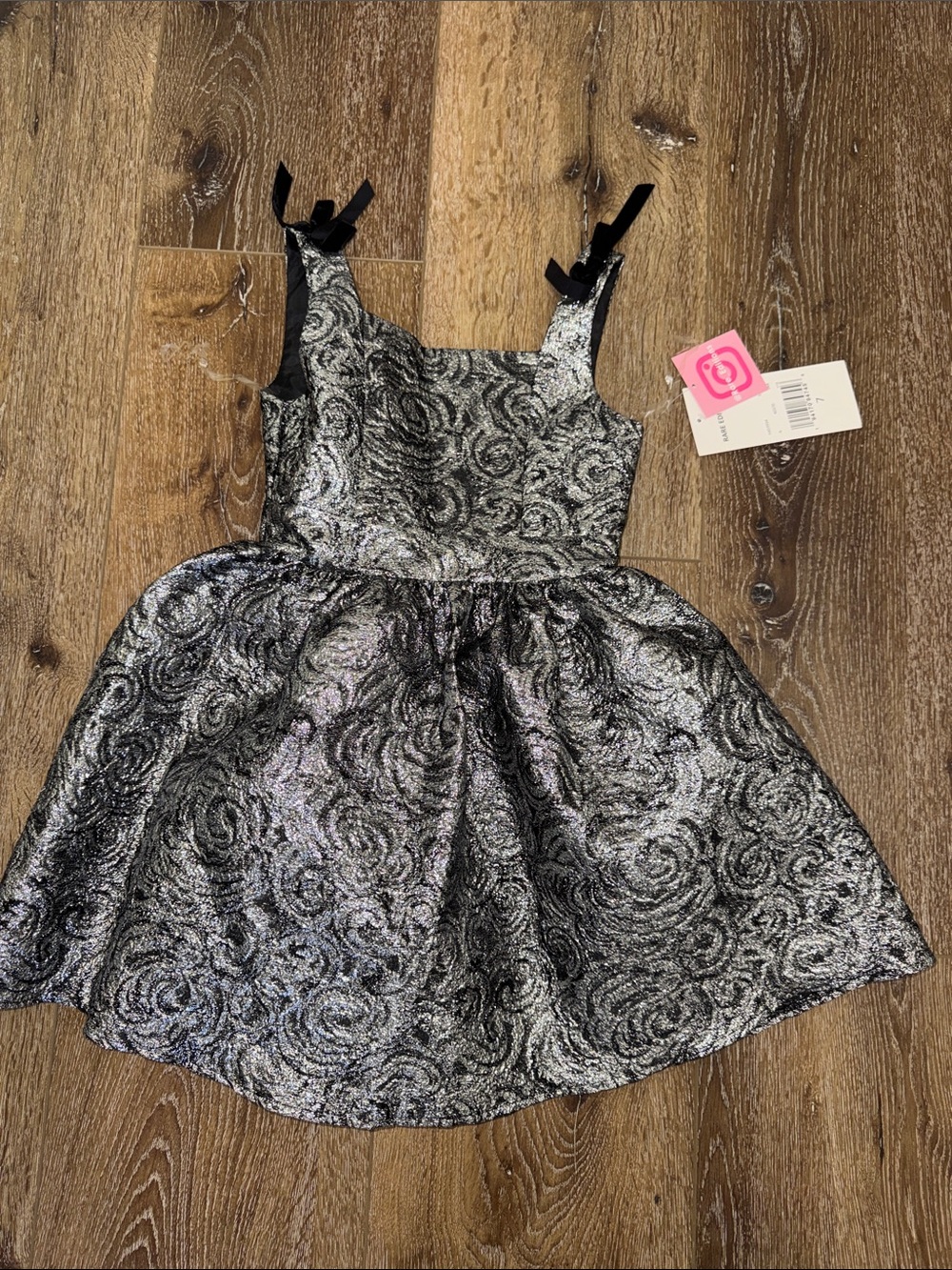 NWT - Rare Edition Metallic Silver Black Rose-Textured Party Dress